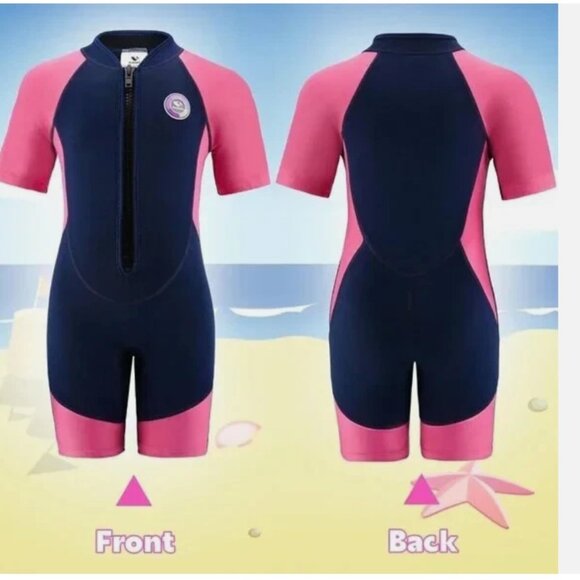 Pottwal Shorty Wetsuits 2MM Neoprene Thermal Swimsuit Size 14 pink and navy blue - Picture 1 of 7